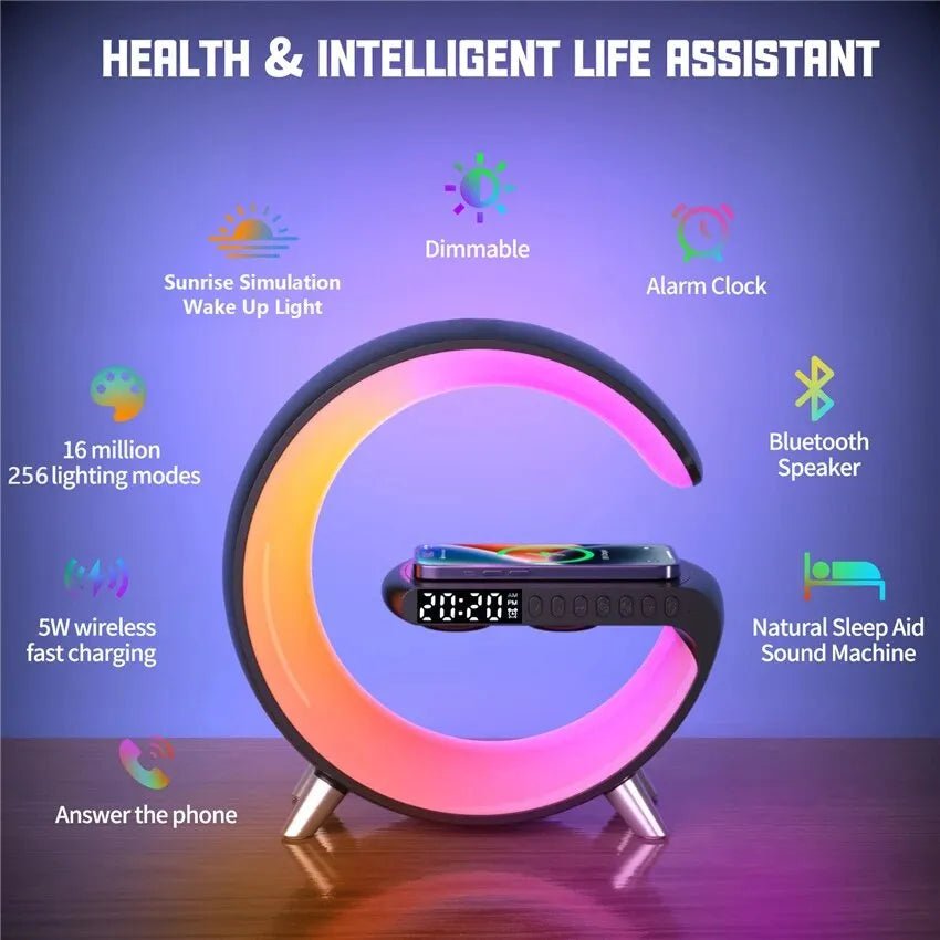 Wireless Charger Alarm Clock Bluetooth Speaker RGB LED Lamp